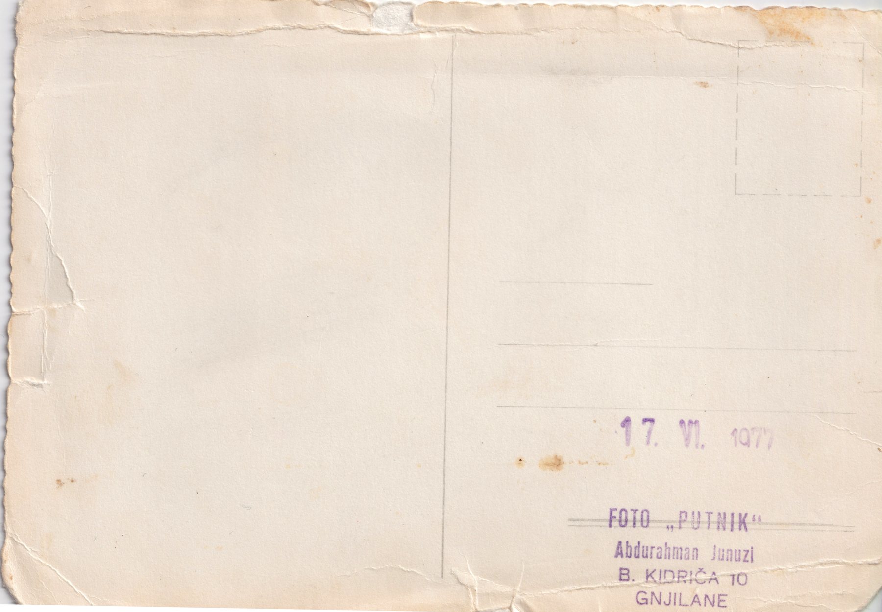 The back of a photograph stamped Foto Putnik, Gnjilane, 17 June 1977