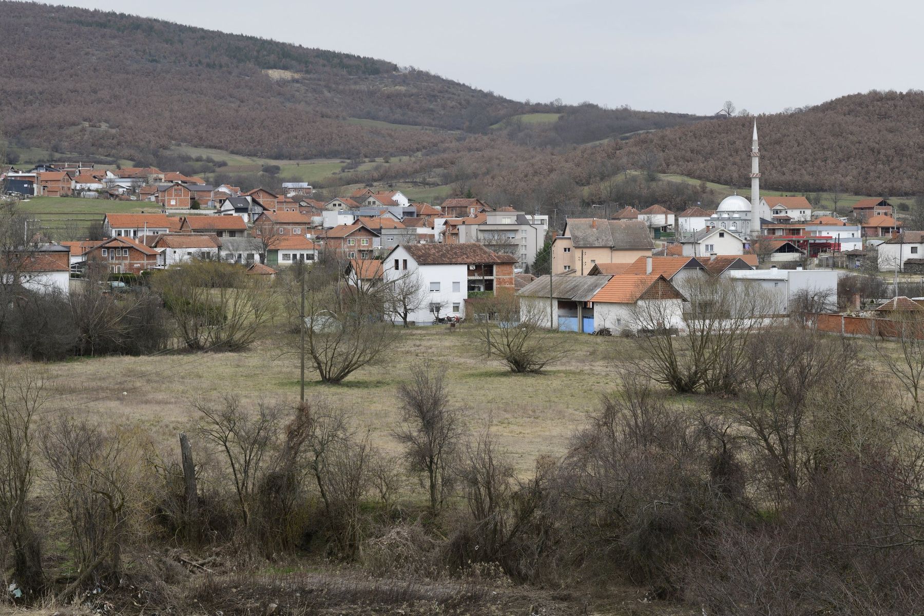 A village of red roofs and a minaret in a winter valley
